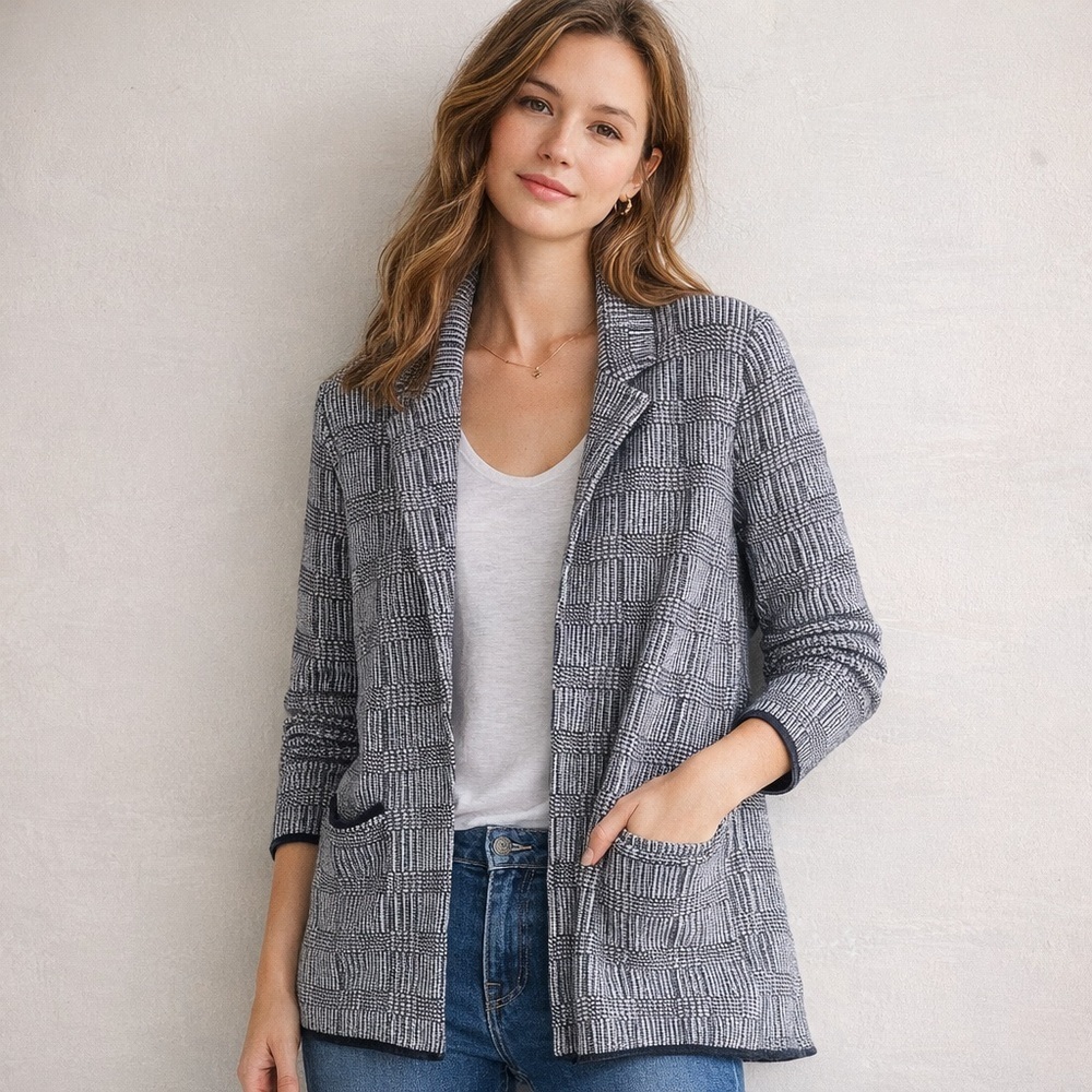 J.Crew Black & White Knit Open Cardigan Sweater XS Wool Blend
